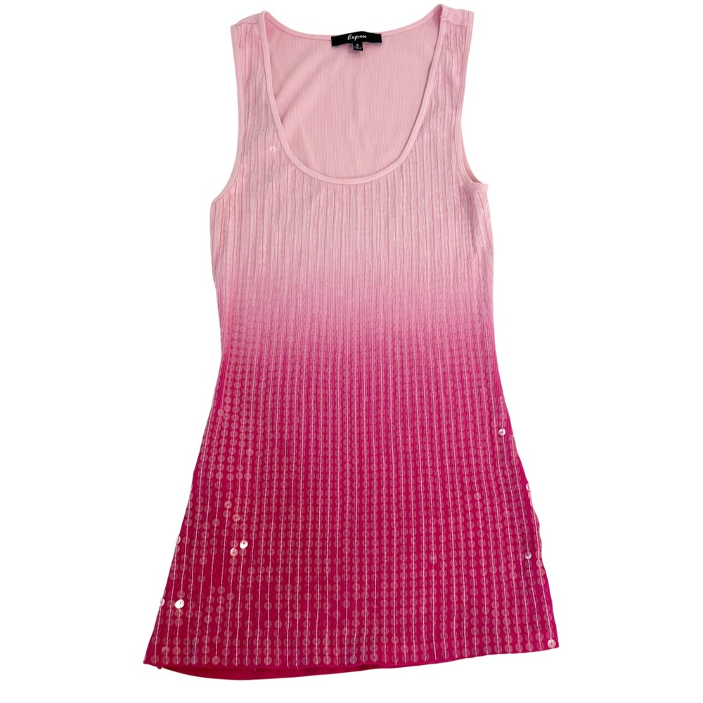 Express Vintage Y2K Pink Ombre Sequin Ribbed Tank Top Womens Small Fuchsia